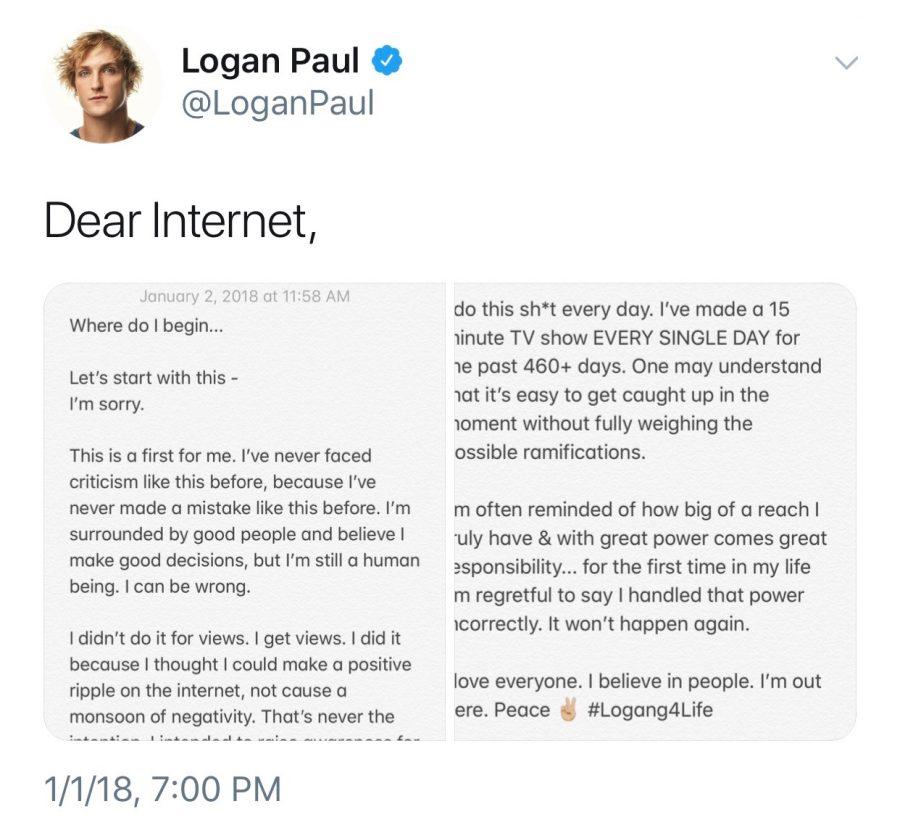 Logan Pauls apology tweet regarding his incident with Aokigahara, or also known as the suicide forest. Photo courtesy of Logan Paul. Screenshot from Kaitlyn Lim.