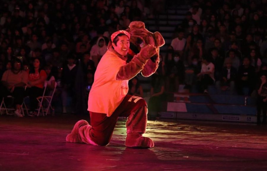 Dr. Park revealing himself as the school mascot at WCHS fist rally.
Photo credit: WCHS instagram