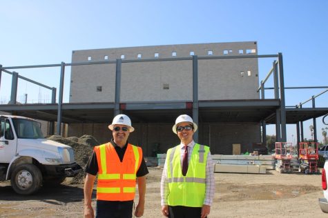 Construction director Sergio Martinez and Dr. Charles Park on the Performing Arts Center construction site. 
Photos by Rachel Leon 
