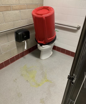 A trash can dumped over the toilet and dirty floor in a restroom stall. 
Photo Credit: Danny Castro