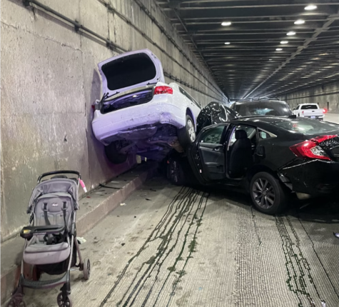 Front View of Tesla accident caused by error in autopilot on Nov. 23, Bay Bridge, SF. Photo by California Highway Patrol