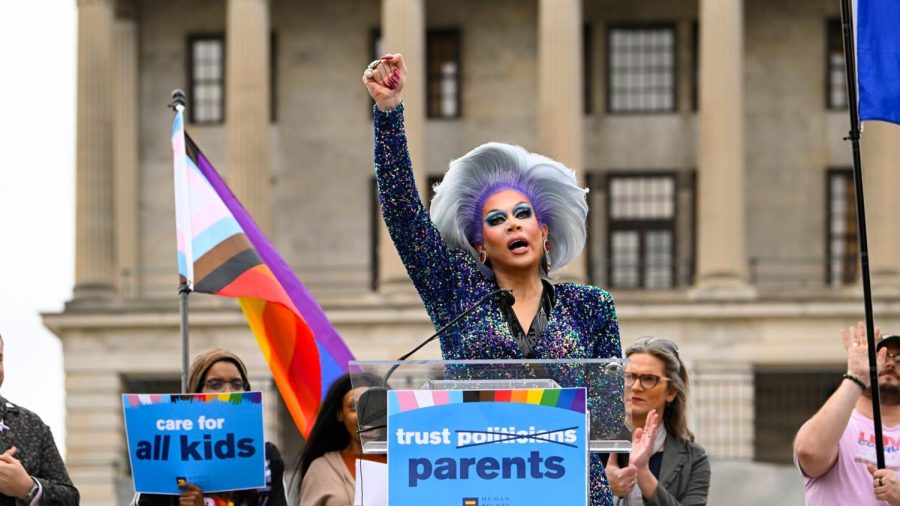 Drag Queen Vidalia Anne Gentry speaking out against drag ban bills. Photo credit: Sky News