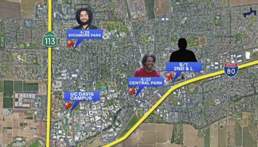 A map of locations of the stabbings in the Davis area between April 27 and May 1, 2023. 
Photo credit: FOX40