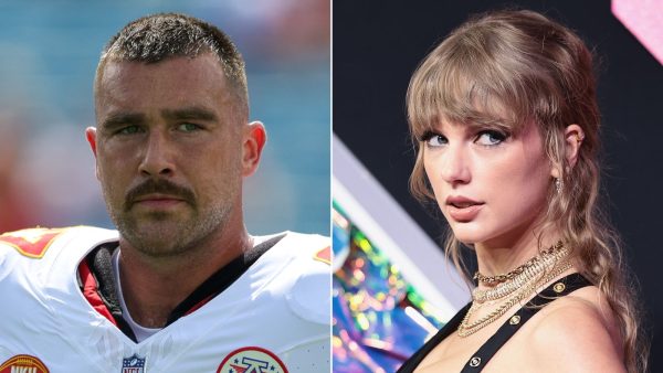 NFL star Travis Kelce (left). Singer/song-writer Taylor Swift (right). 