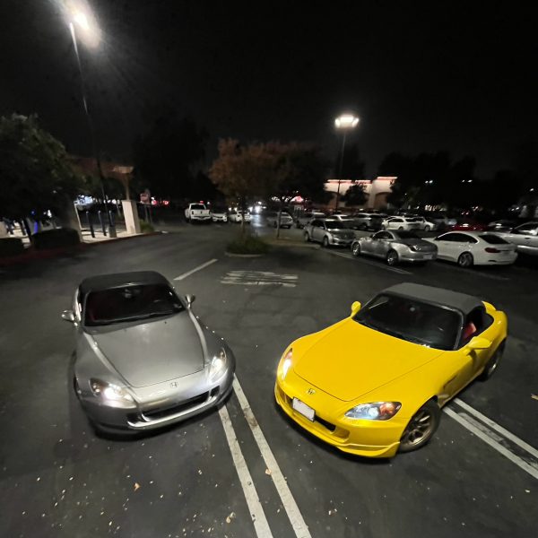 Aerial view of Hidalgo’s (left) and Felix’s (right) Honda S2000s under parking lot lights