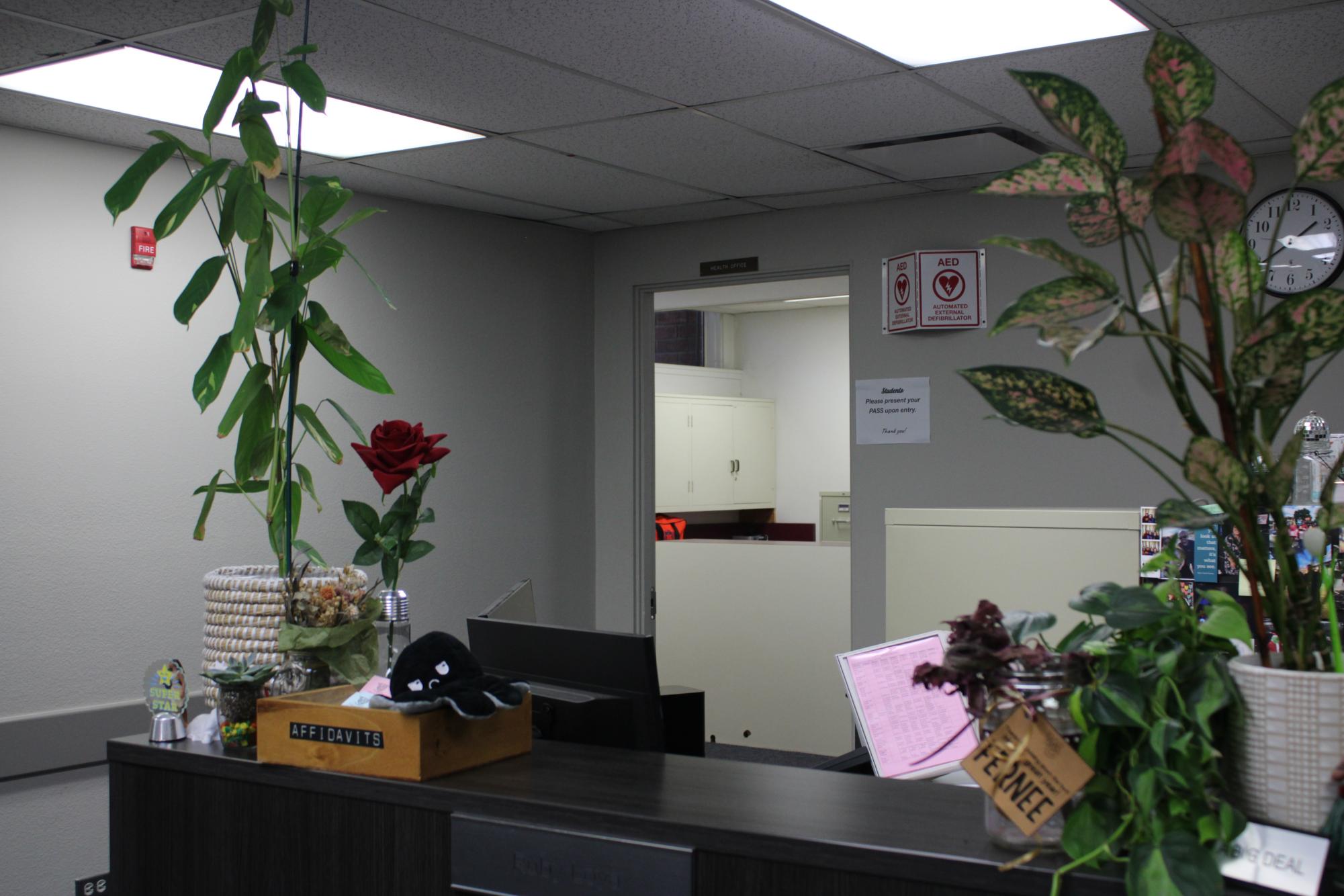 From the central front office, a clear view into the health office. Depending on the method of administration, diabetic students may have to prick their fingers via a lancet or inject insulin shots into their stomach or legs, requiring them to remove their clothes. 