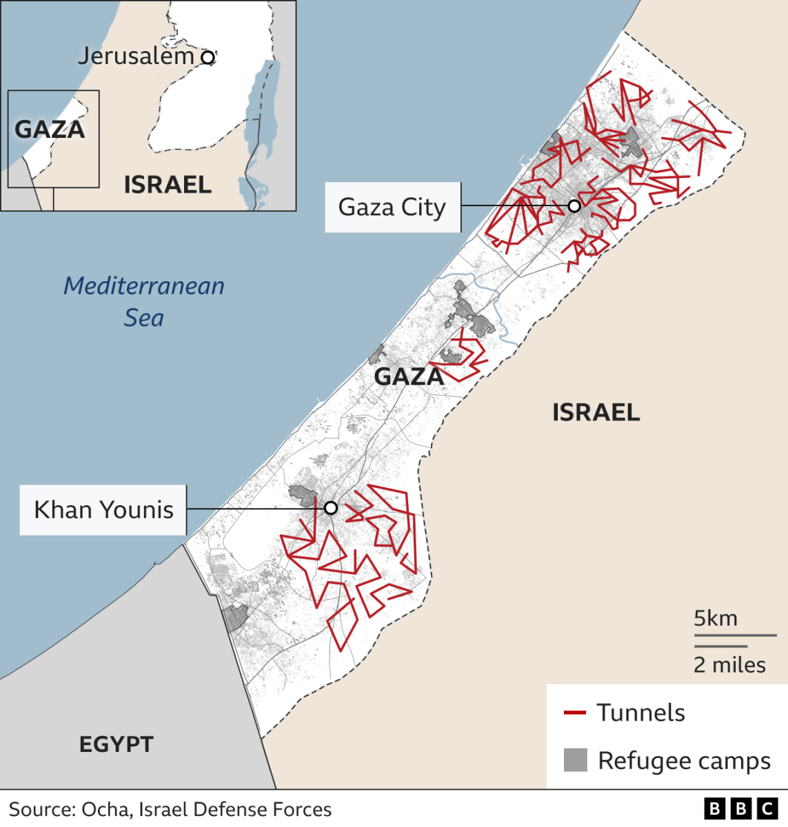 Map of Gaza strip refugee camps and tunnels.