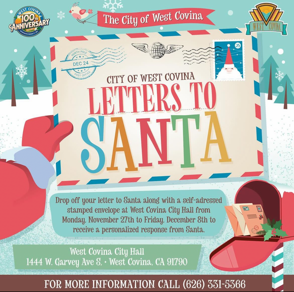 City of West Covina advertises Letters to Santa to encourage kids and other participants to send off their letters to Santa.  