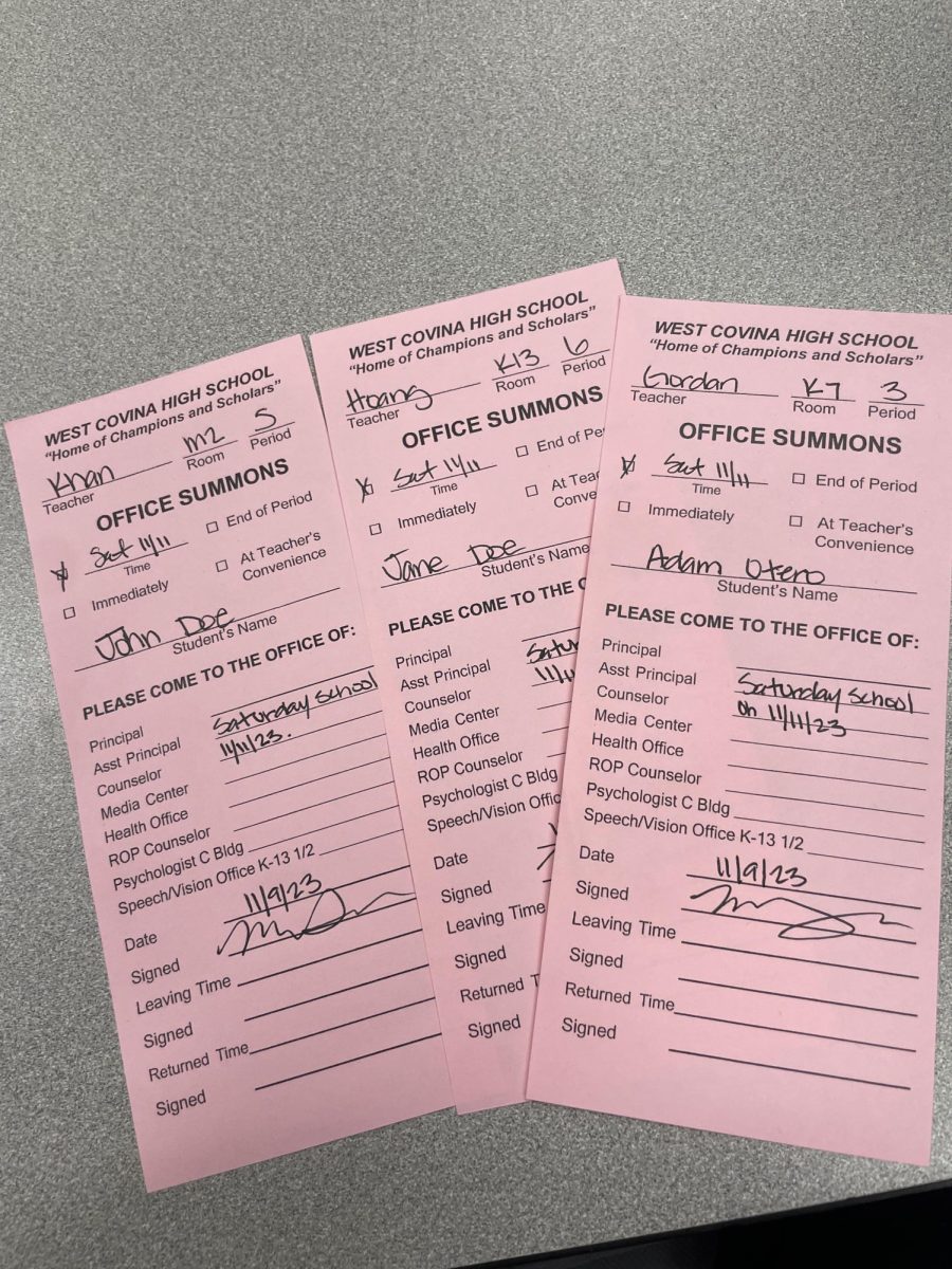 Office summon slips like the ones sent out to students informing them of their assignment to Saturday school.