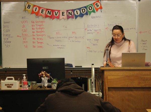 Yadhira Frometa, Spanish III and AP Spanish teacher, goes over assignments to assist her students and ensure they understand their work. Frometa also writes notes on the board to remind and help students about certain rules needed in Spanish writing.