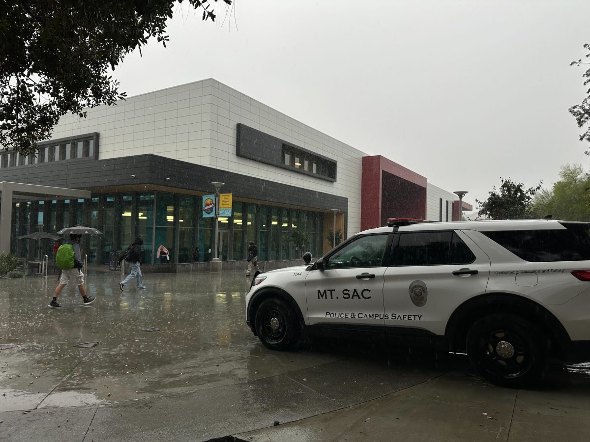 Mt. SAC Police and Campus Safety vehicle at Miracle Mile on campus during a rainy day. The security team works to ensure that the campus is safe through measures such as patrols. 