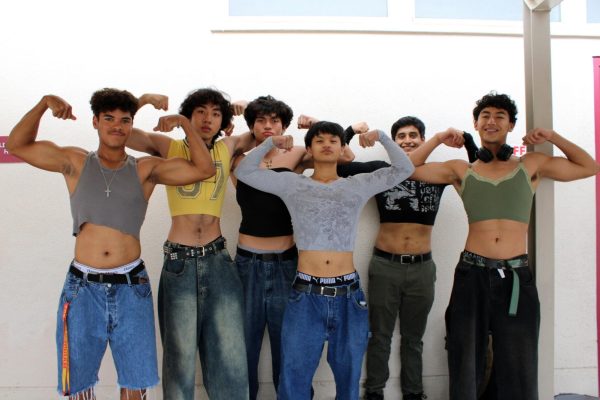 (Left to Right) Juniors Dylan Burks, Brandon Lee, senior Angel Torres, and juniors William Tran, Eduardo Espinola, Nico Nunez, wear crop tops for “Dress as Your Type” day. Burks specified that although he likes crop tops and long jorts, personality and kindness are more important qualities in potential partners than style. “As long as they have a good heart and are funny that's all you really need,” said Burks. 
