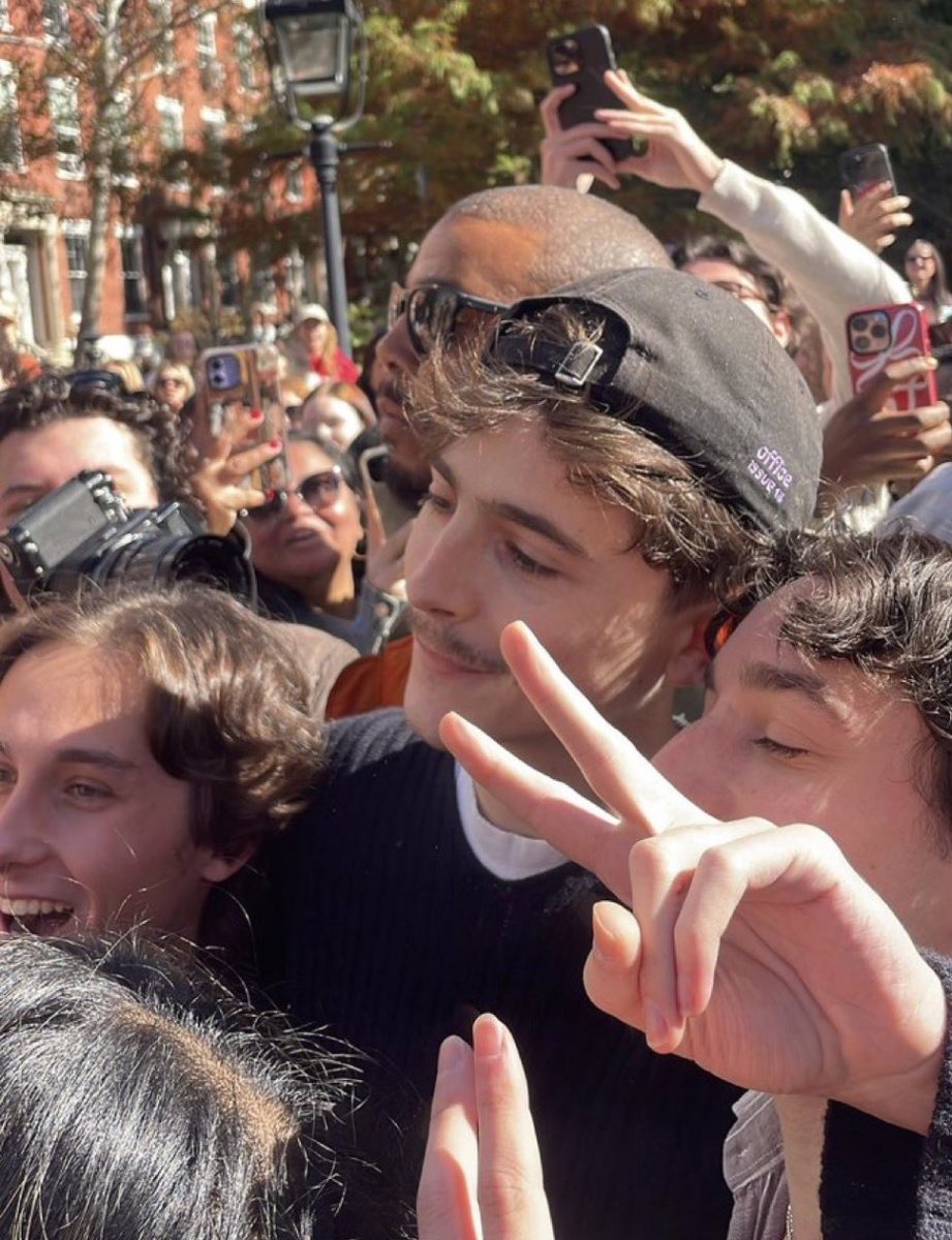 Many people gather around at Washington Square Park in New York for the Timothée Chalamet look-alike contest on Oct. 27. Chalamet appeared at the contest where fans approached him for pictures, surprised that he showed up.