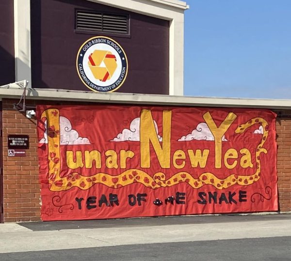  Lunar New Year decorations outside the gym, showing a snake, 2025’s animal of the year. A significant part about Lunar New Year is the familial reunions and large dinners to celebrate the good fortune that the new year brings. “A huge part of it is celebrating with your family, and being festive with the color red, celebrating how it's a new year and this year is actually the year of the snake,” said junior Allison Luo.
