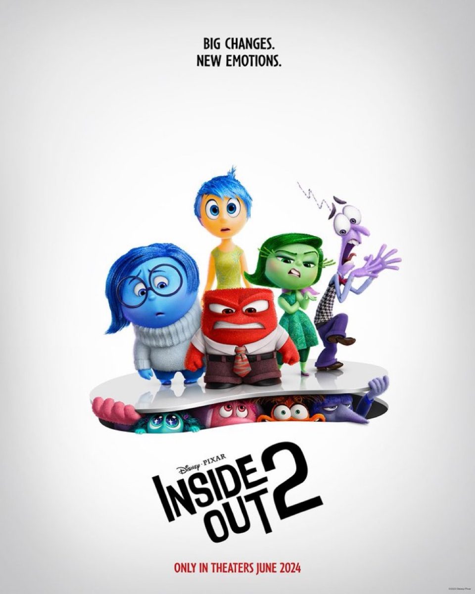 The movie poster for Walt Disney’s animated film “Inside Out 2.” The movie was produced by Pixar Animation Studios and was released on June 14, 2024. The film’s production began in 2020 and is about a young girl named Riley who is going through puberty and  experiencing new, complex emotions. It adds four new characters Anxiety, Ennui, Envy, and Embarrassment to join the original characters of Joy, Sadness, Anger, Fear, and Disgust. 