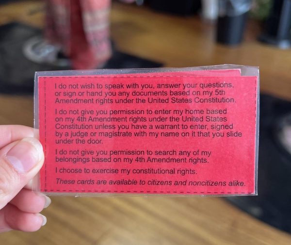 Found at a local business on Hacienda Blvd., these red cards contain scripts for individuals who are questioned about their legal status in the country, as well as the Amendments they are protected under.