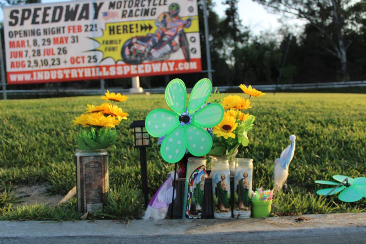Three religious prayer candles and flowers placed on the ground where three young men were killed as a result of an impaired driver in January. 
