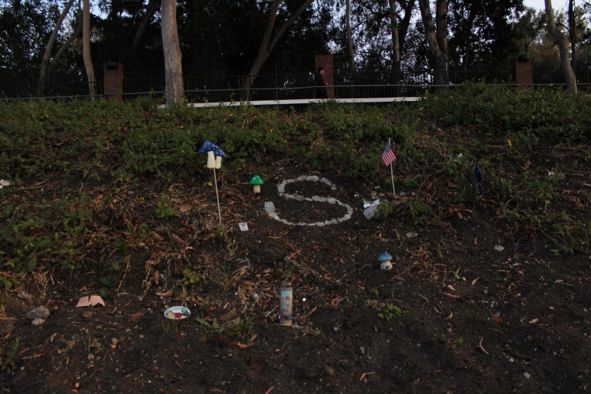  An “S” made out of rocks and other decor in memory of 20-year-old Samantha Rodriguez who suffered a fatal car accident on the street Temple in La Puente. 
