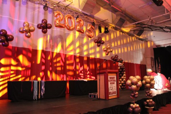 Decorations and bright lights enhance the mood for Senior Awards Night. The cords and achievements were on display for students to receive them after walking up the stairs.