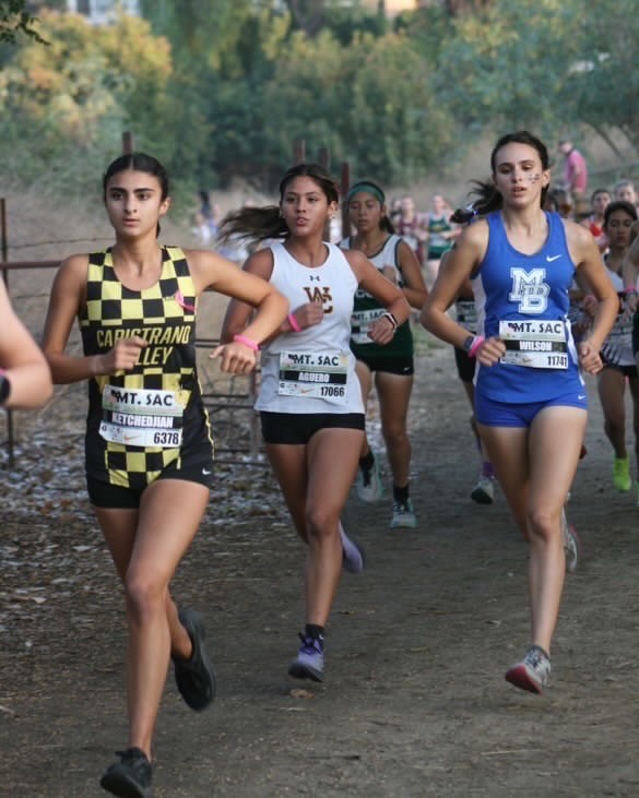 Senior Angelina Aguero runs in the 2024 annual Mt. SAC Invitational girls sweepstakes on Oct. 25, 2024.  Agureo believes morning practice and eating a big bowl of pasta will help her achieve a new personal record (PR). Photo by Belinda Parra