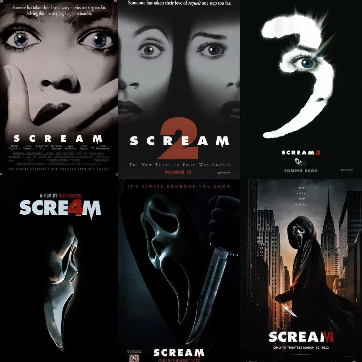 The Scream movies, directed by Wes Craven, Kevin Williamson, Tyler Gillett and Matt Bettinelli-Olpin, follow a masked knife maniac who stalks and kills high-school students in middle-class suburbia. Many have recommended this movie for its mix of suspense and scares. photo from "Do you wanna play a game" website