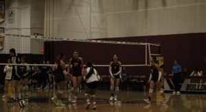 Left to right, seniors Taylor Maranan, Isabella Gonzales, Linh Diep, juniors Colbie Maranan and Olivia Hoang celebrate the win of the fourth set. At this time the score for the win was tied which later changed to Rowland's win. "If any team is gonna go to CIF, like, from West Covina, it should be our team," Taylor Maranan said.