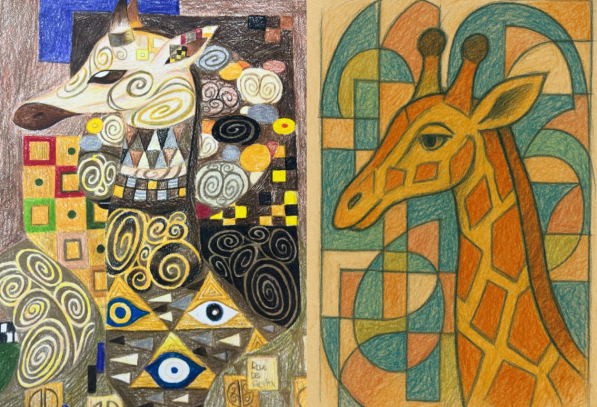 Artwork by Melissa Recinos in D-3 on the left, compared to a picture on the right that was generated by DALL-E using prompts related to Recinos' artwork.