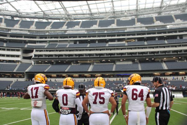 Seniors (left to right) Tarius Wilson, Josiah Joseph, Felipe Hernandez and Cuauhtemoc Salinas line up for the coin toss. The last game with Diamond Ranch had Bulldogs come out on top with a 17-7 victory. "Even though we were told the opponents might have not been as great as we thought they were, we still made sure to go over everything, and, you know, study properly," said Joseph. Photo by Cassandra Salazar