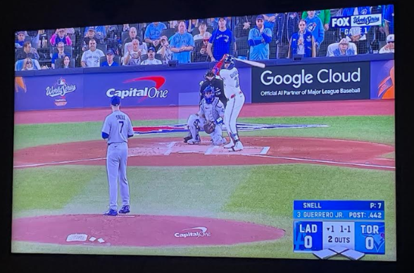 Dodgers’ pitcher Blake Snell stands on the pitcher's mound to pitch to Blue Jays’ batter Vladimir Guerrero Jr. Snell starts off the Dodgers by being the first to pitch during Friday’s game.