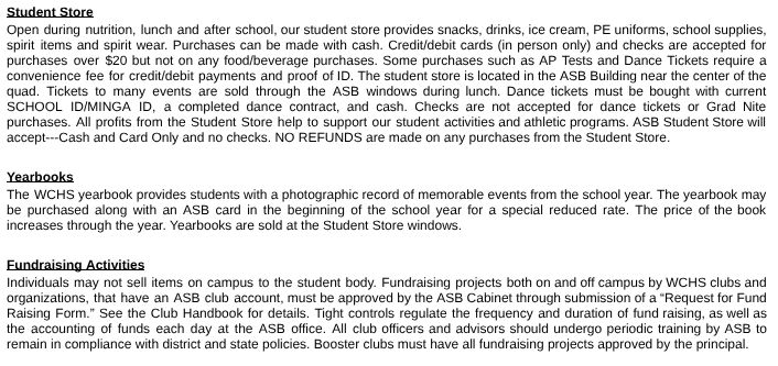 Screenshot of the WCHS Student Handbook 2025-2026 which does not include a section dedicated to snack sales done by students to earn profit, or rules/regulations against it.
