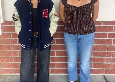 A side-by-side comparison of a thrifted outfit with a vintage jacket and a fast-fashion Hollister blouse. Fast fashion generates significant waste, while thrifting extends the life of garments.