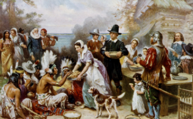 “The First Thanksgiving,” by American painter, Jean Leon Gérôme Ferris, painted in 1863, depicts the events of the autumn harvest between Natives and the Pilgrims sharing a meal.
