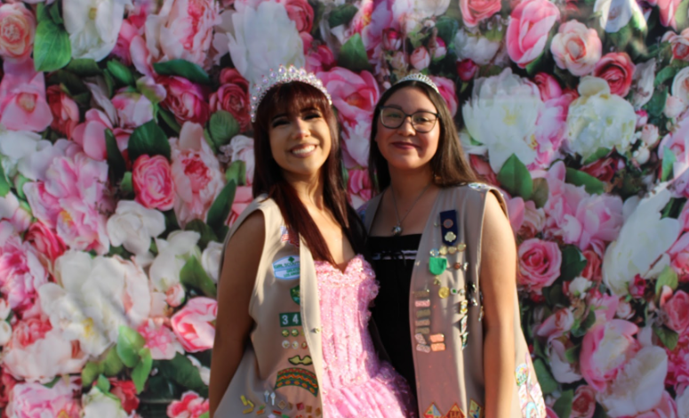 My troopmate Carmela Sanchez and I are in our Girl Scout vests at my sweet 16. She was my only dama, who, similar to a bridesmaid, supported me throughout the celebration. Each pin, patch and badge represents a journey we earned and memories we share. One of our most memorable pins on our vest is the “500 Club” pin, signifying that we sold a minimum of 500 boxes during cookie season, which allows us to attend an annual event at Hurricane Harbor solely for Girl Scouts. Photo credits to Daniella Ruiz.