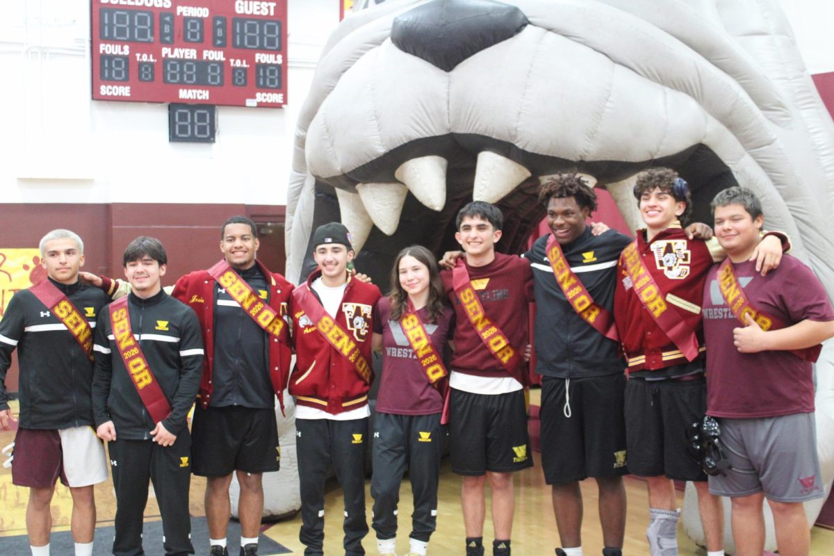 The wrestling team’s nine seniors (pictured left to right) Joseph Castillo, Maddux Marquez, Josiah Joseph, Aaron Contreras, Melissa Acosta, Tyler Gomez, Tarius Wilson, Jared Castro and Felipe Hernandez were recognized together during Tuesday’s senior night ceremony. “It’s really good to see them, really buy in (into the wrestling program) and see some of the successes they're having,” assistant coach Micheal Morales said.