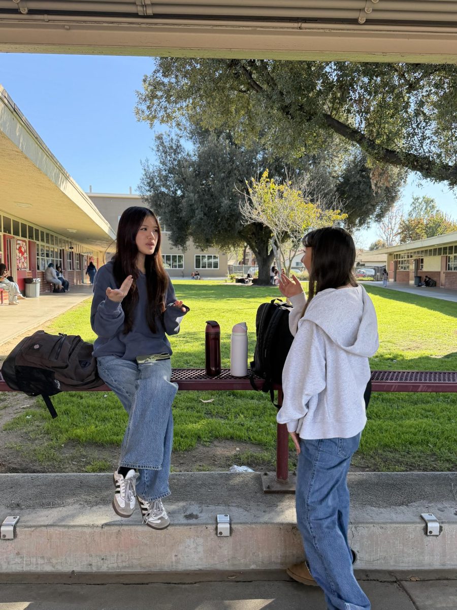 Sophomores Kourtney Nguyen and Victoria Lara have a disagreement. Nguyen uses strong hand gestures, but keeps herself very calm when arguing with her friends, compared to a louder tone with her parents. “I'm definitely calmer with my friends because with my parents, I just tend to have more outbursts because I'm more moody since I've been with them my entire life I'm just more prone to that,” Nguyen said.