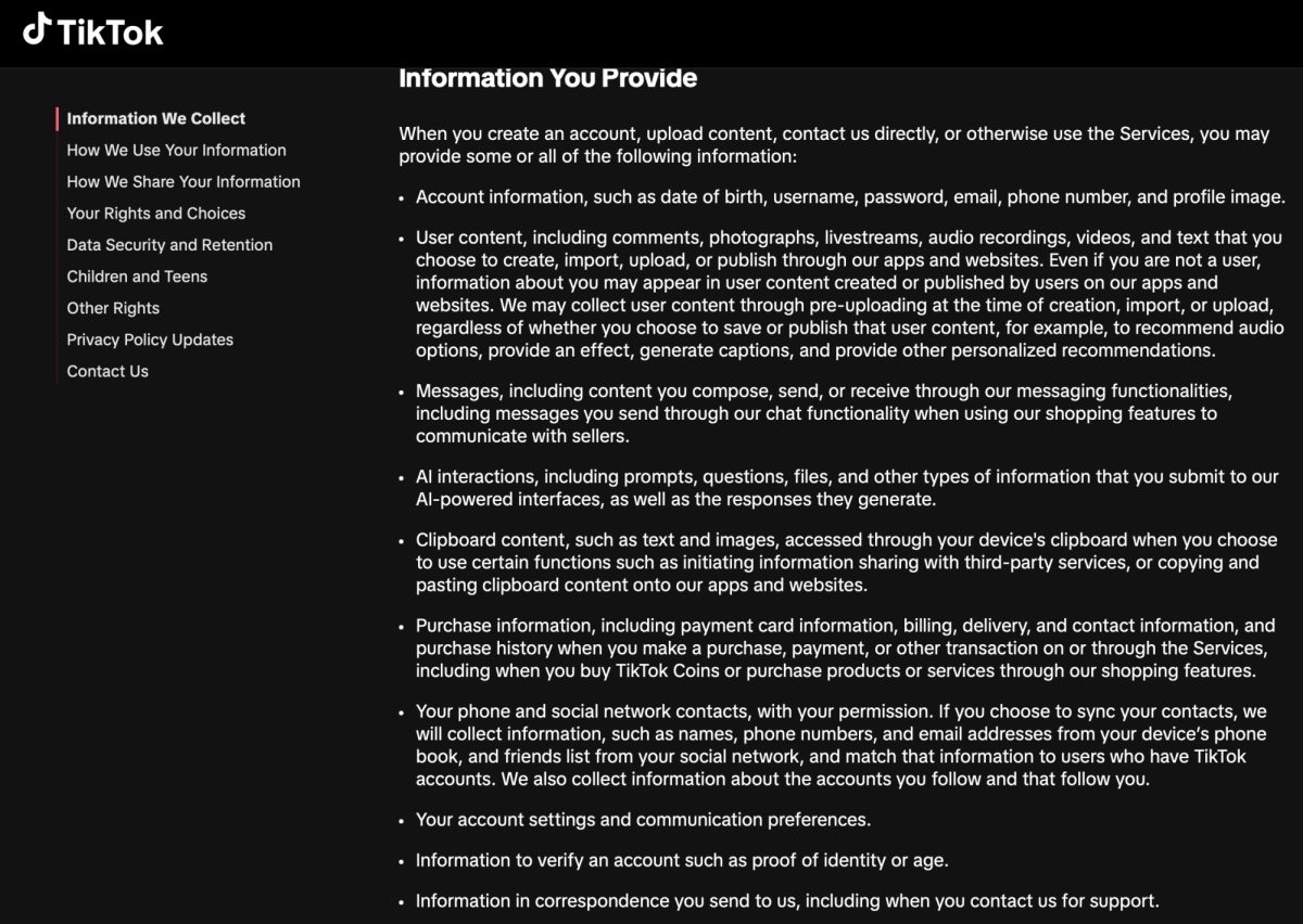 Política de privacidad de Tik Tok sobre qué información recopila.