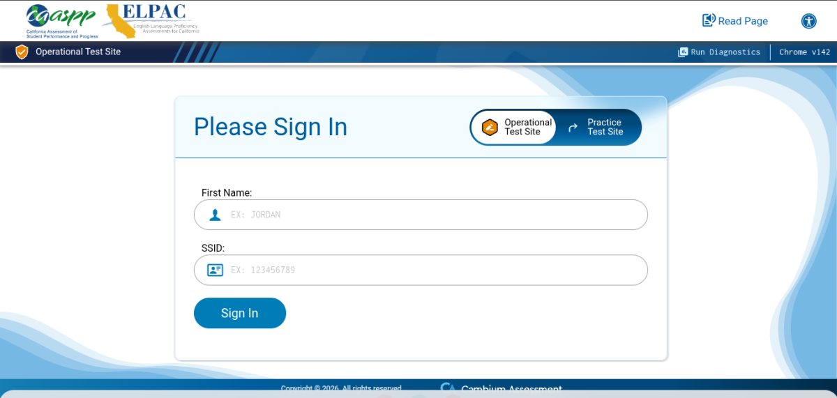 A computer screen displays the login page for the CAASPP and English Language Proficiency Assessments for California testing system, where students sign in with their name and Service Set Identifier before beginning the statewide assessment
