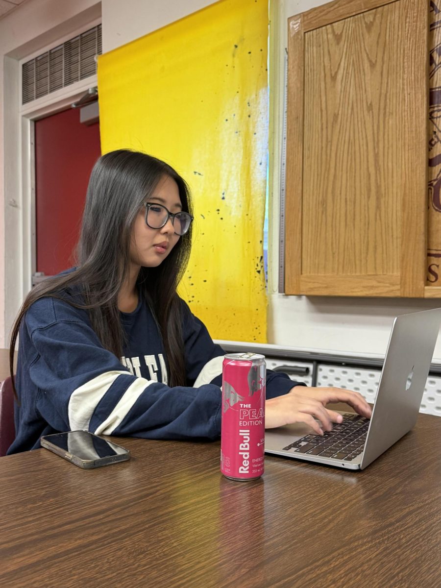 Junior Julie Shin brings her favorite Red Bull flavor ¨White peach¨ during CAASP testing to help her fight the sleepiness and keep her alert during the block periods. ¨I woke up kind of tired and I get kind of tired during long testing, and i'm able to focus easier,¨ Shin said. 