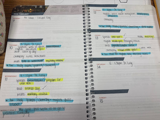 Sophomore Jenelle Diaz’s AVID planner outlines homework, quizzes and study session for the week of Feb. 9 at West Covina High School, highlighting preparation for spanish, english and chemistry assignments.
