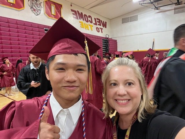 Milon with Victor Lam at graduation in 2025. Over the years she has impacted many ELD students. “If I was going to be remembered for anything, it’s  for the individual students,” Milon said. Photo courtesy of Emily Milon