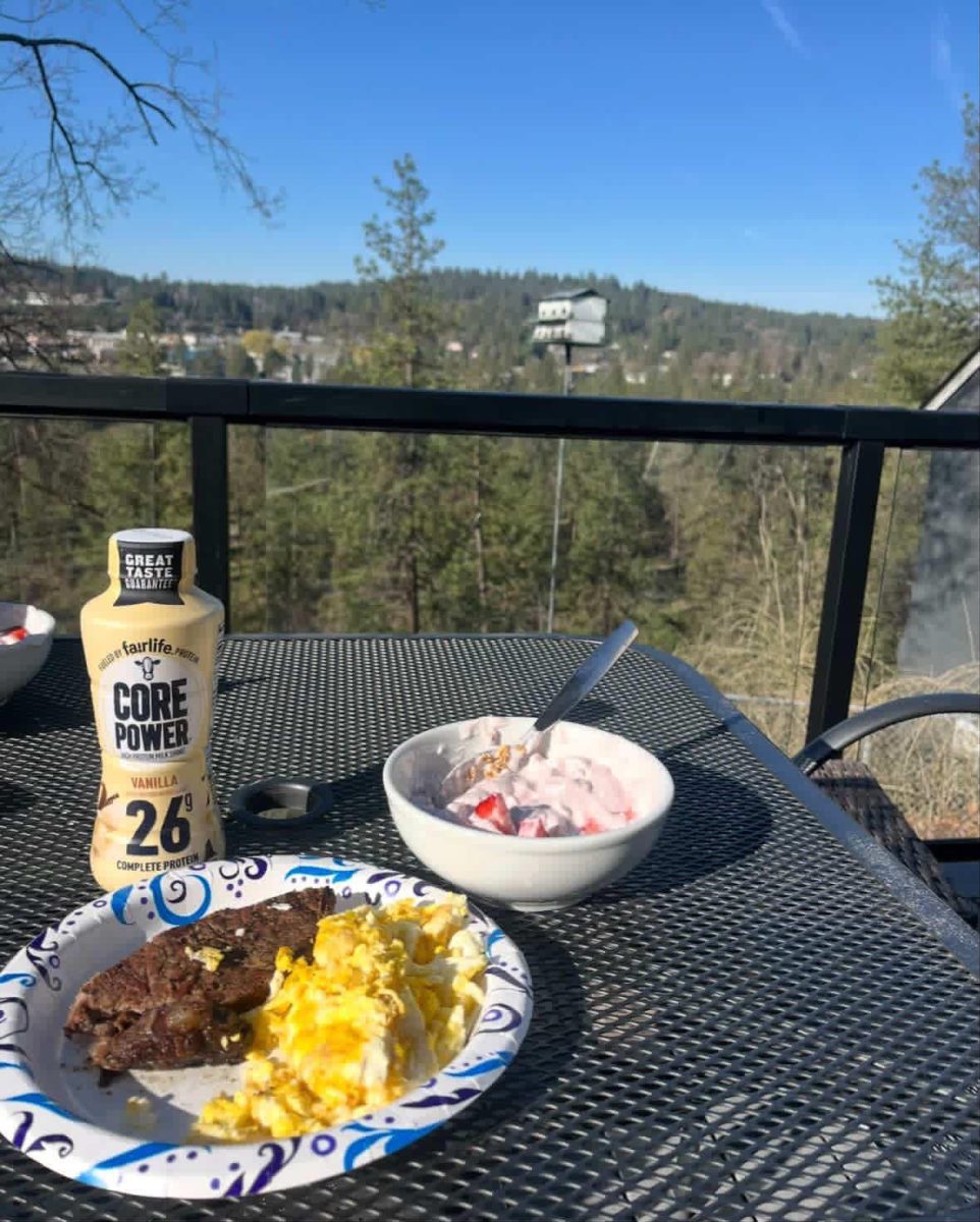 Junior Julie Cimarusti, cooked two eggs, steak, with strawberry yogurt and a protein shake on the side. This meal is packed with protein throughout and low in carbs to increase fullness and support muscle recovery. “This is the meal I made the day after weigh-ins at world team trials. I needed to refuel my body with lots of protein because it was lacking after cutting weight,” Cimarusti said.
