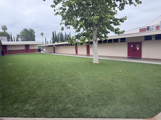 The artificial turf installed in front of Holland’s classroom at E-4, which she requested the district allow her to relocate away from.